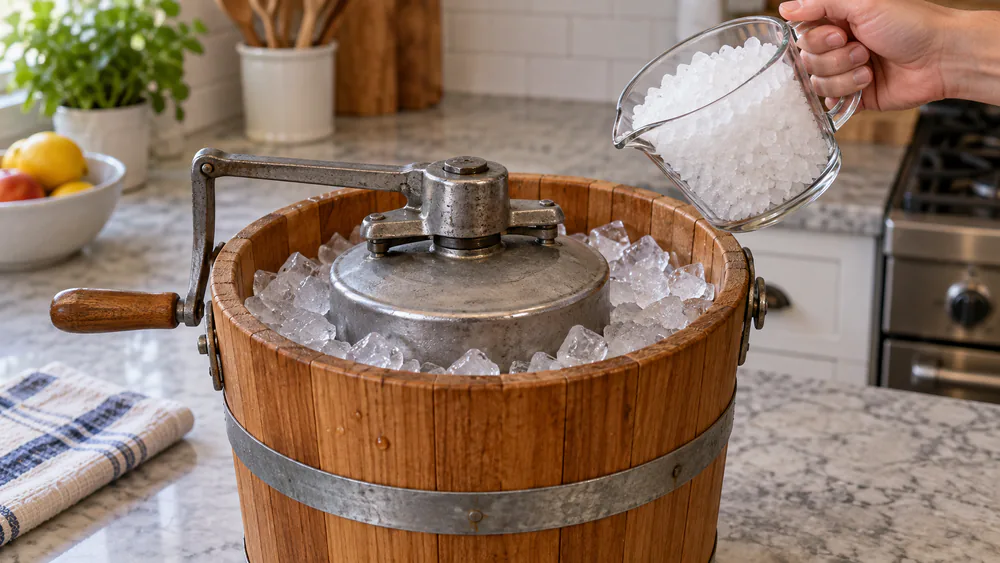 A glass measuring cup heaped with coarse rock salt held above a bucket churn, showing the 1 to 2 cup measure for a 1.5-quart batch.