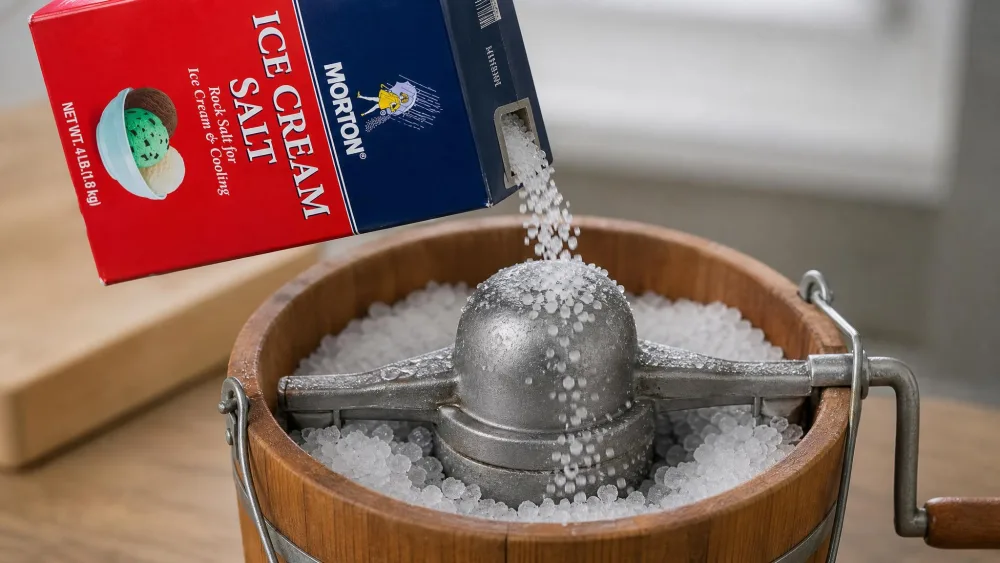 A Morton ice cream salt box tilted over a bucket churn, coarse white crystals streaming through the small pour opening.