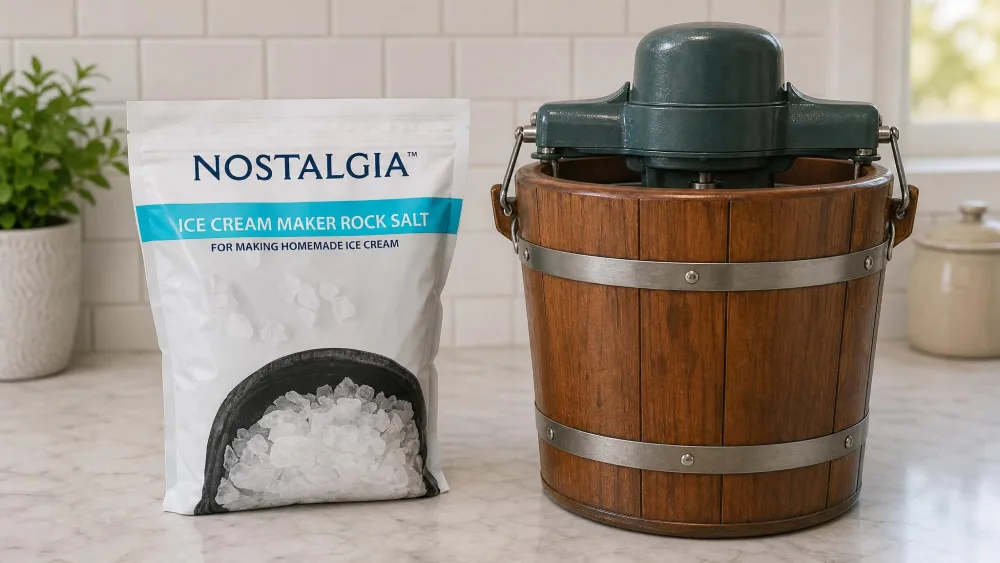 A plain resealable bag of Nostalgia rock salt on a kitchen counter beside a classic bucket ice cream maker.