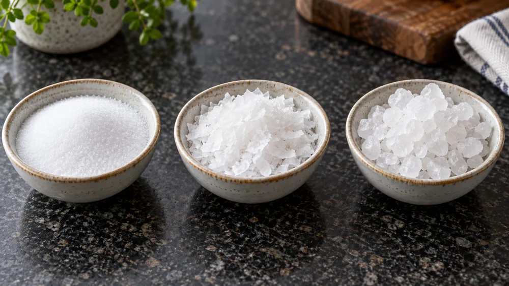 Fine table salt, kosher flakes, and coarse rock salt side by side in small bowls, grain sizes clearly different.