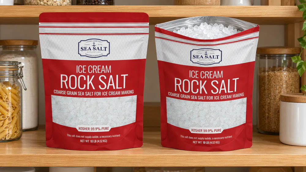 Two thick resealable zip-top bags of Sea Salt Superstore 10 lb rock salt in a pantry, one bag open with coarse crystals visible.