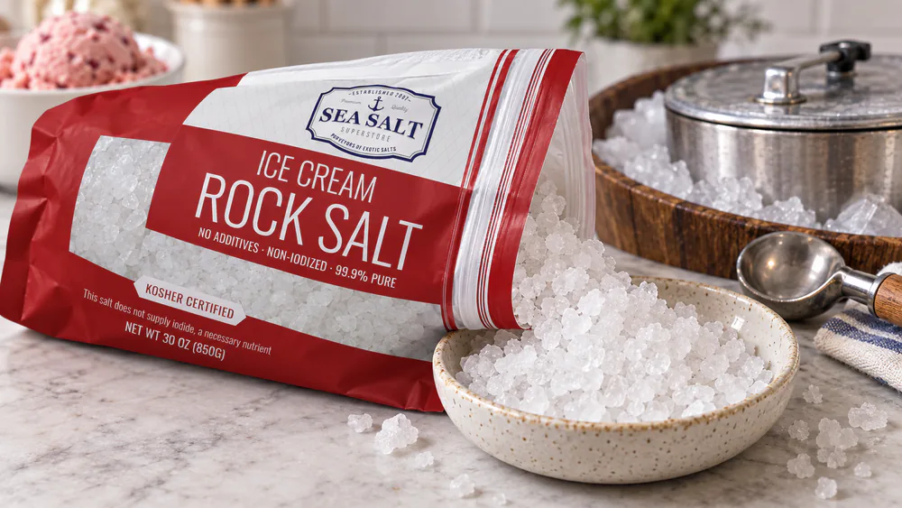 Extra-coarse Sea Salt Superstore rock salt crystals spilling from a resealable bag, individual grains visible.