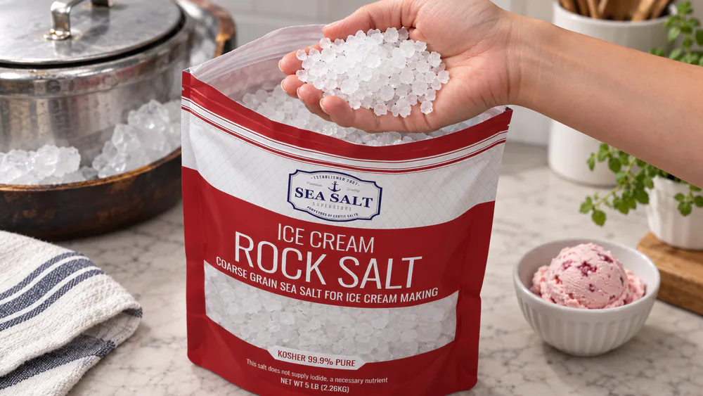 A handful of Sea Salt Superstore 5 lb coarse salt crystals held over an open resealable bag, clean and free of dust.