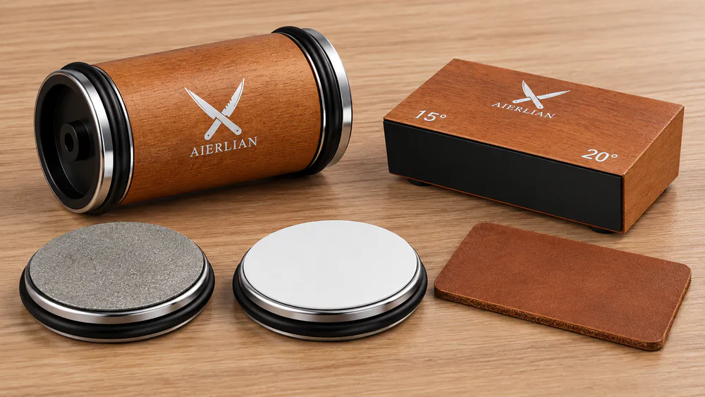 The AIERLIAN rolling knife sharpener kit with its two discs, leather strop, and natural wood base shown together.