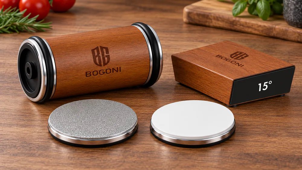The BOGONI Classic Kit rolling sharpener with its magnetic angle guides and two-stage diamond and ceramic discs.