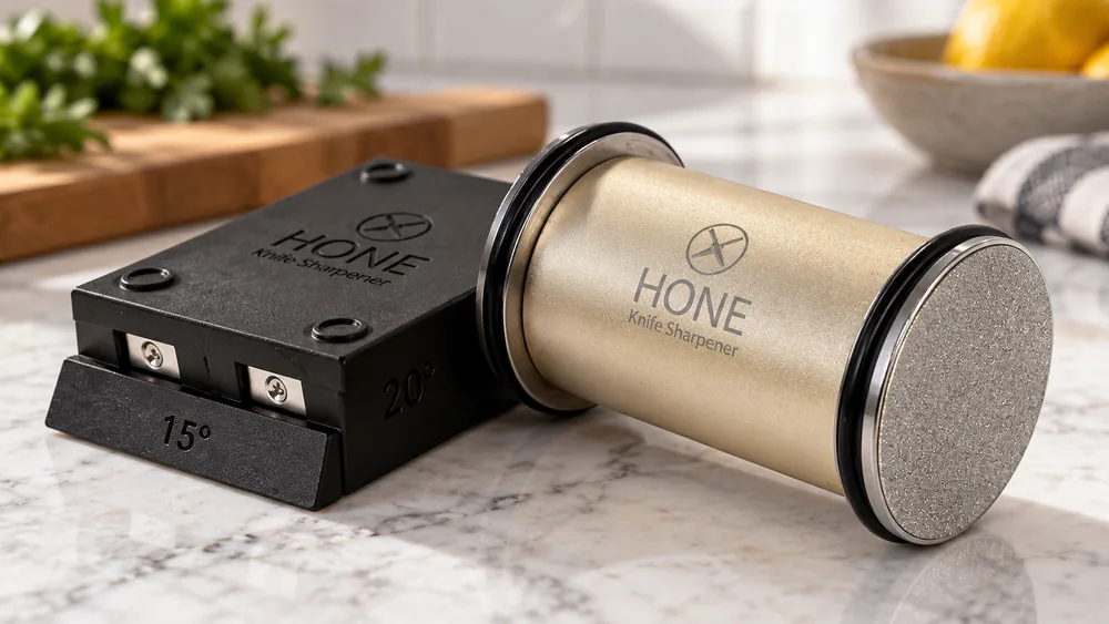 A close-up of the HONE knife sharpener block showing the dedicated small-knife slot beside its rolling barrel.