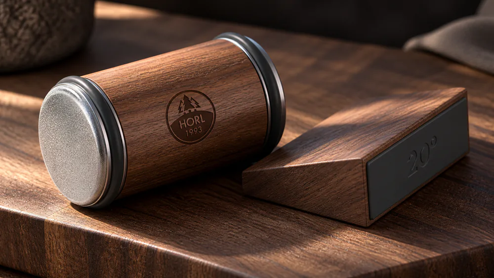 The HORL 2 Walnut rolling sharpener with its magnetic angle block and rolling barrel on a walnut base.