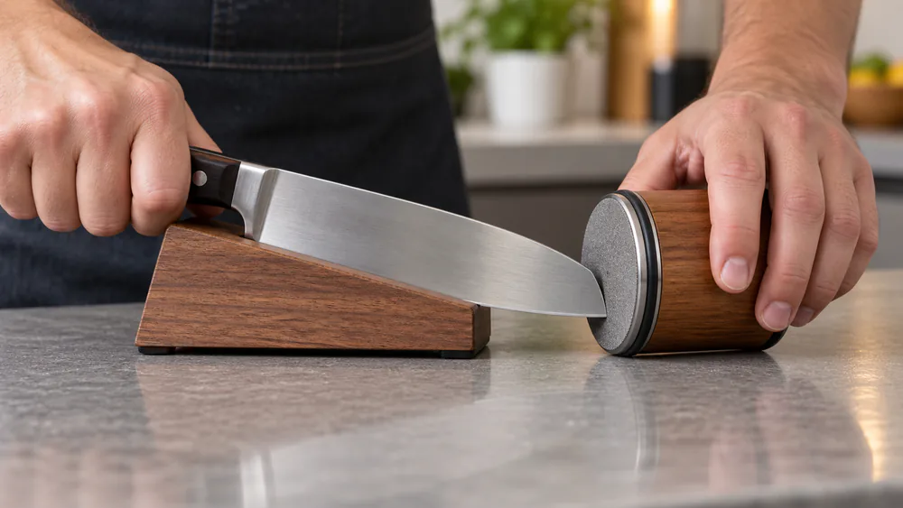 A hand rolling a rolling knife sharpener along the edge of a chef's knife held flat on a magnetic base.