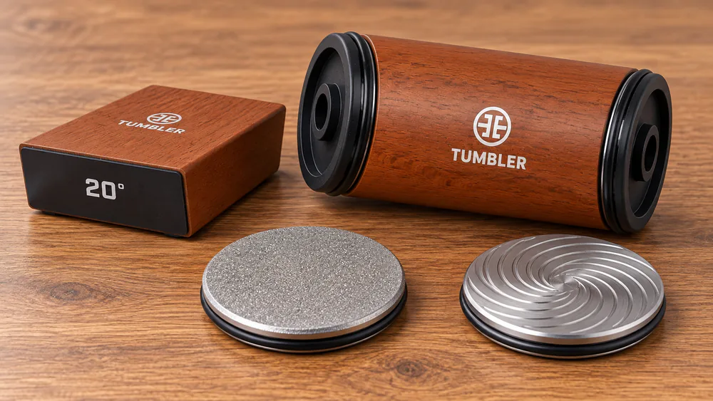 The Original Tumbler rolling sharpener with its D35 diamond disc and stainless steel helix honing disc shown.