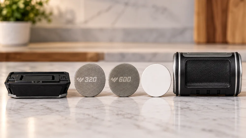 The Work Sharp rolling knife sharpener angle block with its magnetic base and three interchangeable discs laid out on a counter.