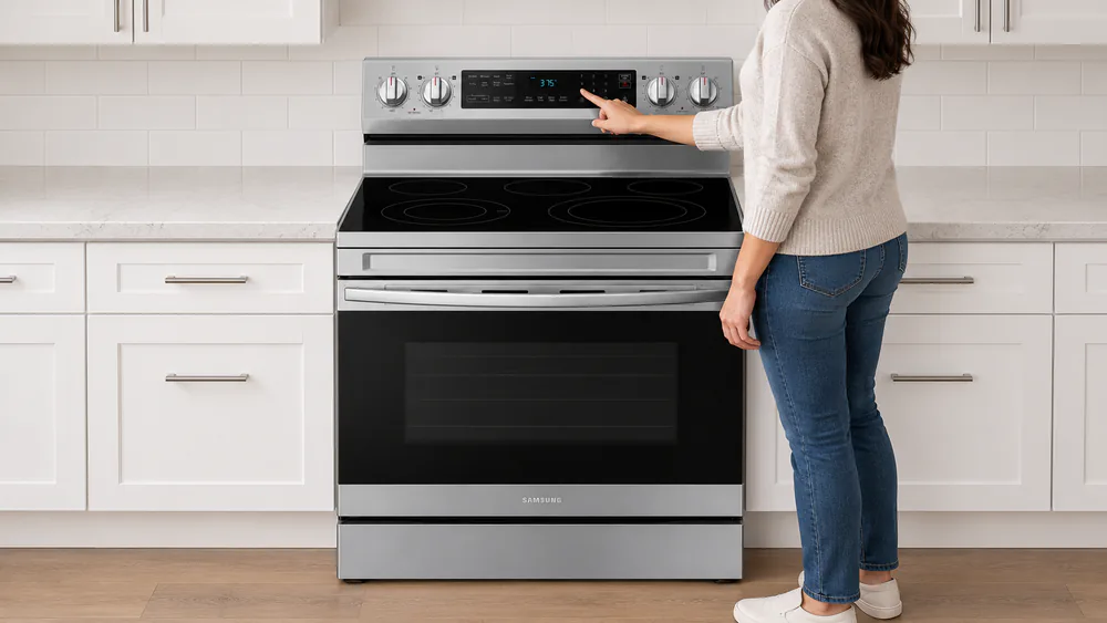 A stainless steel Samsung NE63A6511SS freestanding range with a hand touching the rear oven control panel