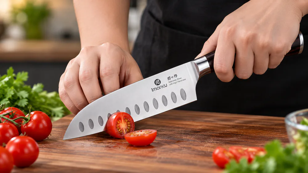 The imarku 7-inch santoku knife with a scalloped hollow edge and Pakkawood handle slicing a cherry tomato.