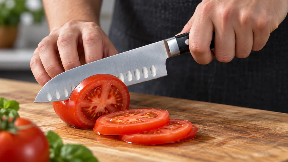 The MAC Professional Series 6.5-inch santoku knife with a dimpled blade and black Pakka wood handle slicing a tomato.