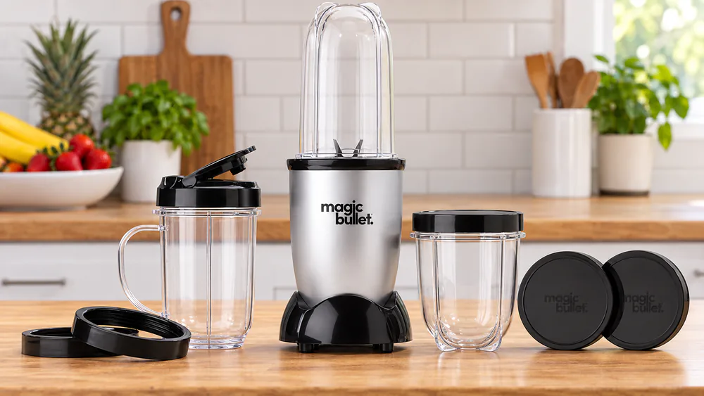 A Magic Bullet 11-piece set with its tall cup, short cup, and party mug around the motor base.