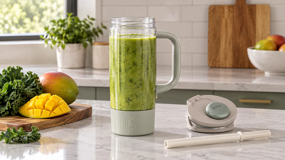 A Ninja BlendBoss tumbler filled with a kale and mango smoothie, flip cap and straw beside it.