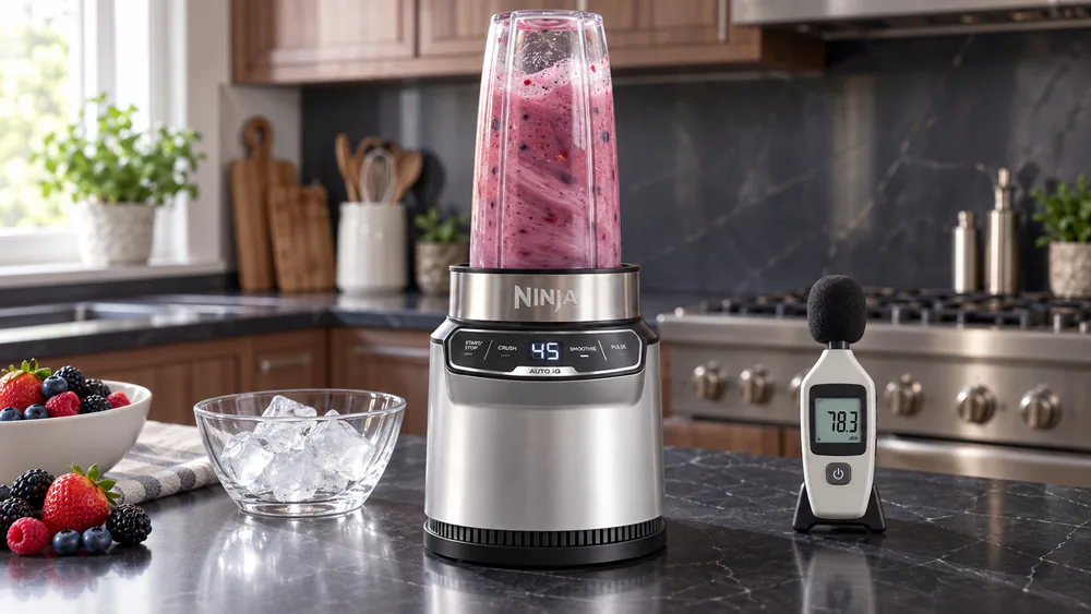 A Ninja Nutri-Blender Pro blending a smoothie in its 24-oz cup beside ice cubes and a sound meter.