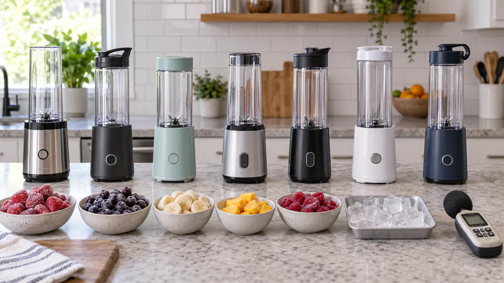 A test kitchen counter with seven personal blenders lined up beside frozen fruit, ice cubes, and a sound meter.