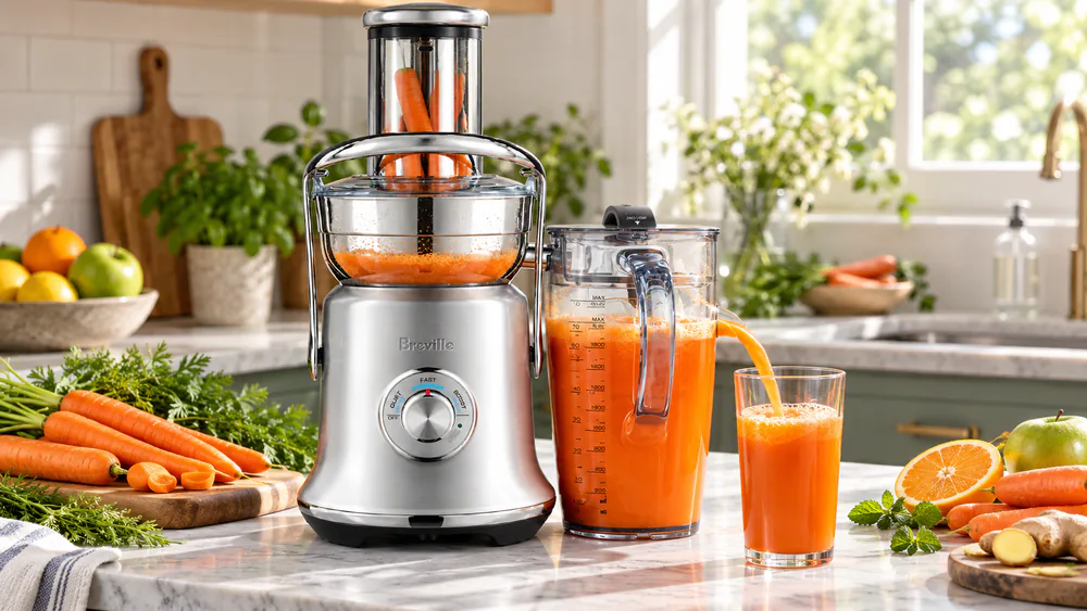 The Breville Cold XL spinning whole carrots through its wide chute into a glass below.