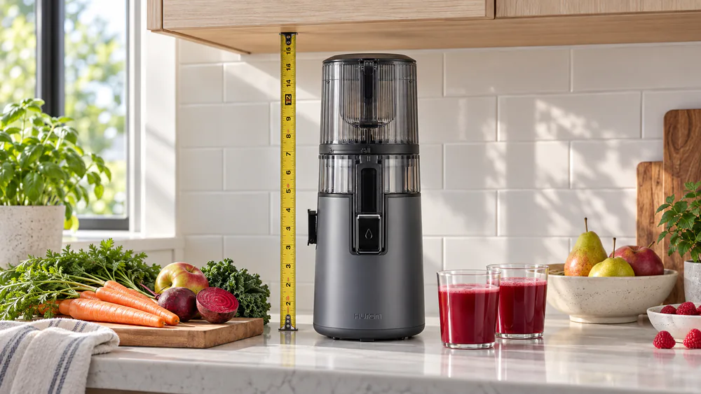 The compact Hurom H70 tucked under a kitchen cabinet with plenty of clearance above.