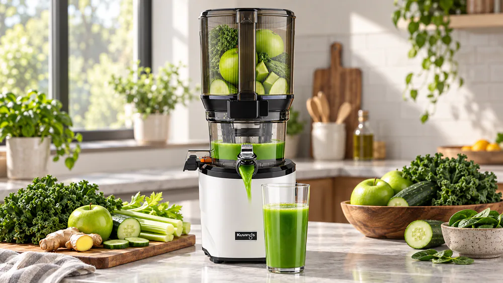 The Kuvings AUTO10's tall 3-liter hopper loaded with fruit, running hands-free.