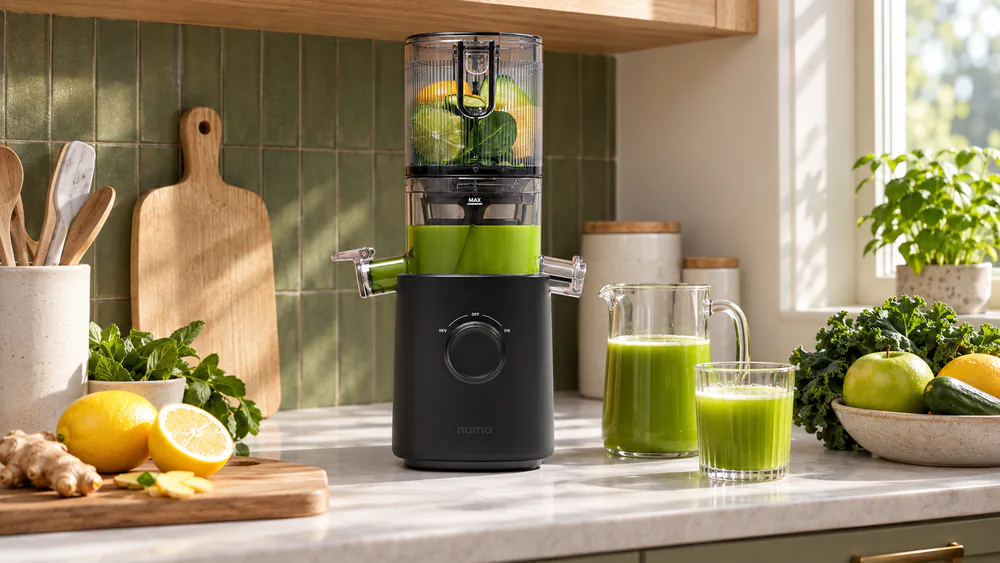 The compact Nama J3 on a small counter, low enough to fit under the cabinets above.