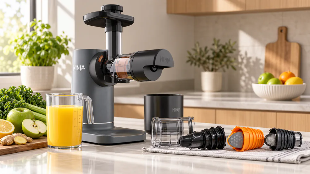 The disassembled Ninja JC151 parts with the 24 ounce juice jug and 36 ounce pulp container on a counter.