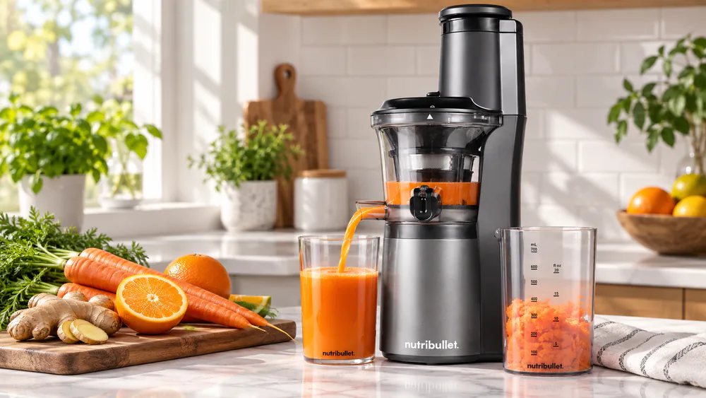 The NutriBullet slow juicer pouring orange juice into a glass, its steel sieve visible in the open chamber.