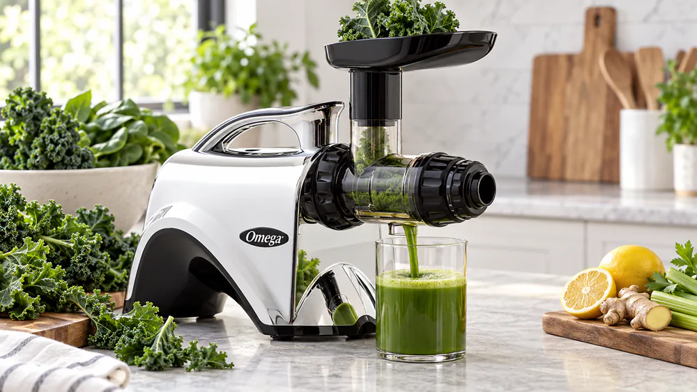 The horizontal Omega NC900HDC on a counter with celery, leafy greens, and a glass of green juice beside it.