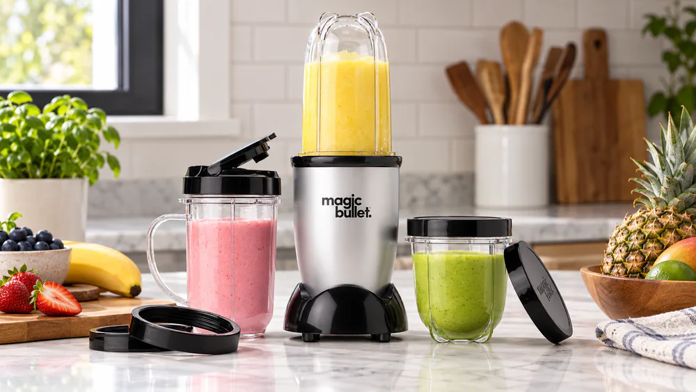 A Magic Bullet base with its tall and short cups and resealable lids on a counter.