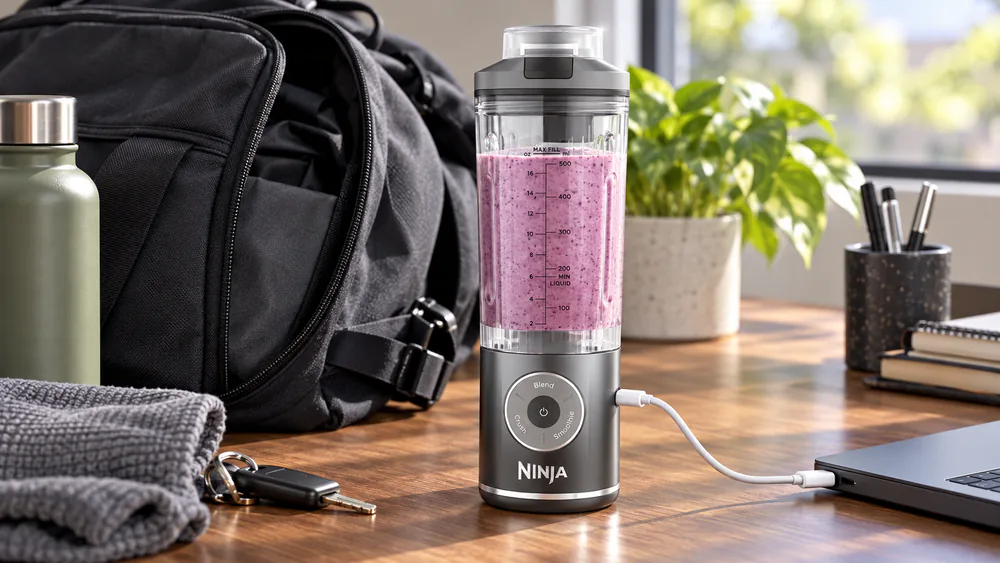 A Ninja Blast charging by USB-C on a counter, 18-ounce vessel attached.