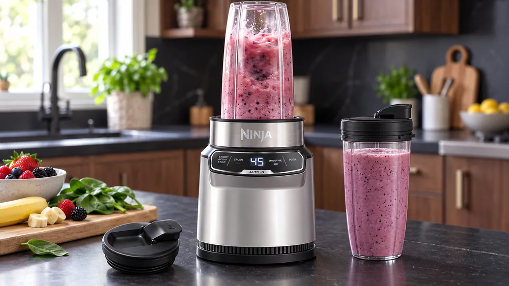 A Ninja BN401 running a hands-free Auto-iQ smoothie program with a 24-ounce cup.