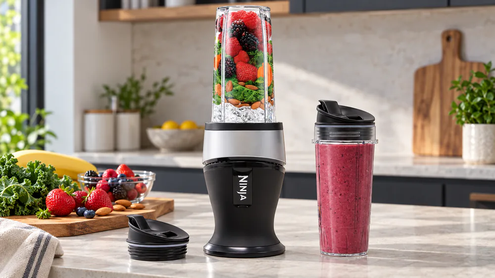 A Ninja Fit blending a pink frozen-fruit smoothie in a 16-ounce cup.