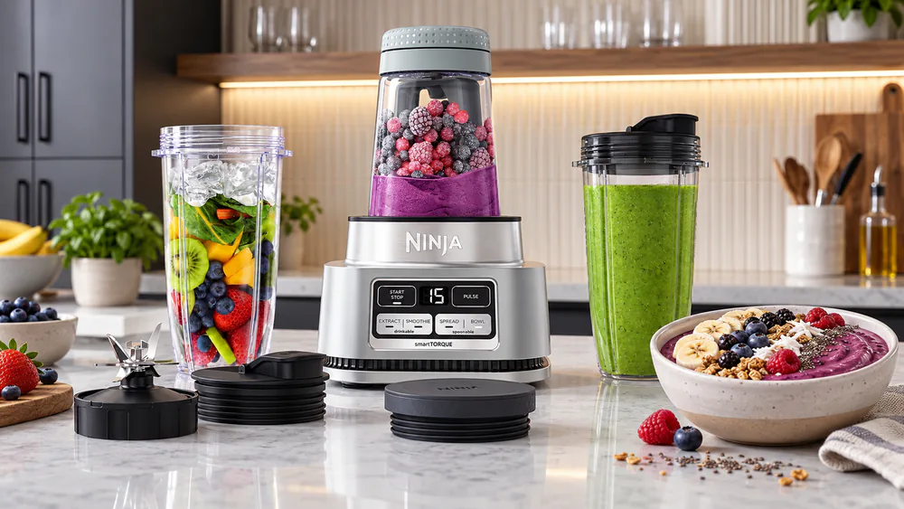A Ninja Foodi SS101 blending a thick pink acai-style smoothie bowl with its tamper.