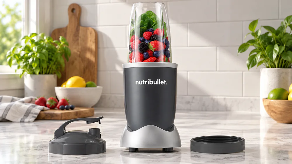 A nutribullet 600 with a 24-ounce cup of green smoothie and a travel lid.
