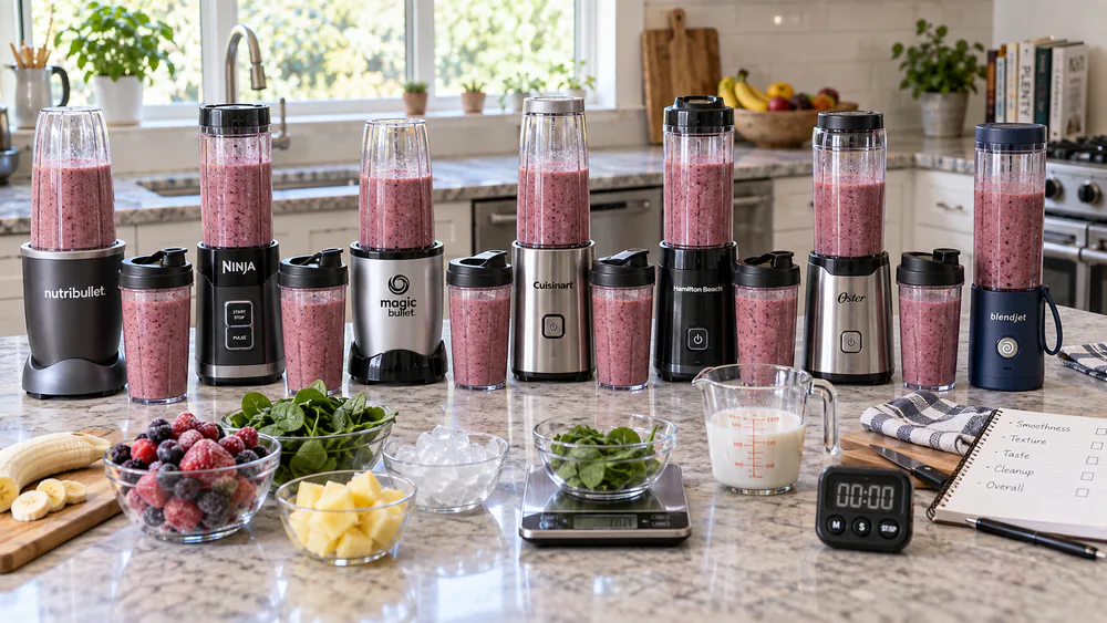 Seven small blenders lined up on a test kitchen counter with frozen fruit and kale nearby.