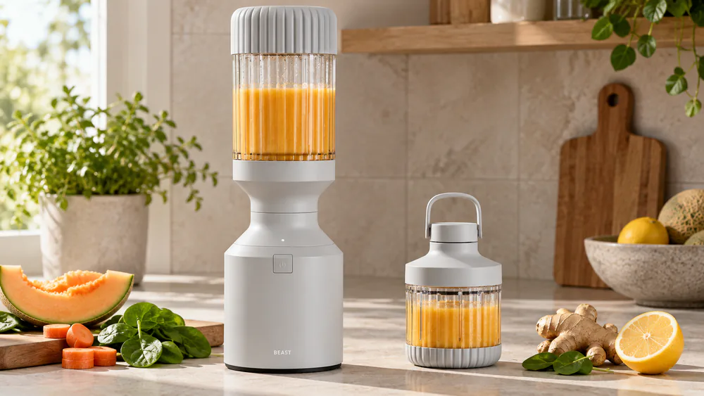 Beast Blender B10 with its Tritan vessel seated on the aluminum base.