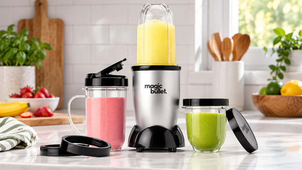 Magic Bullet 11-piece set with cups, party mug, and resealable lids on a counter.