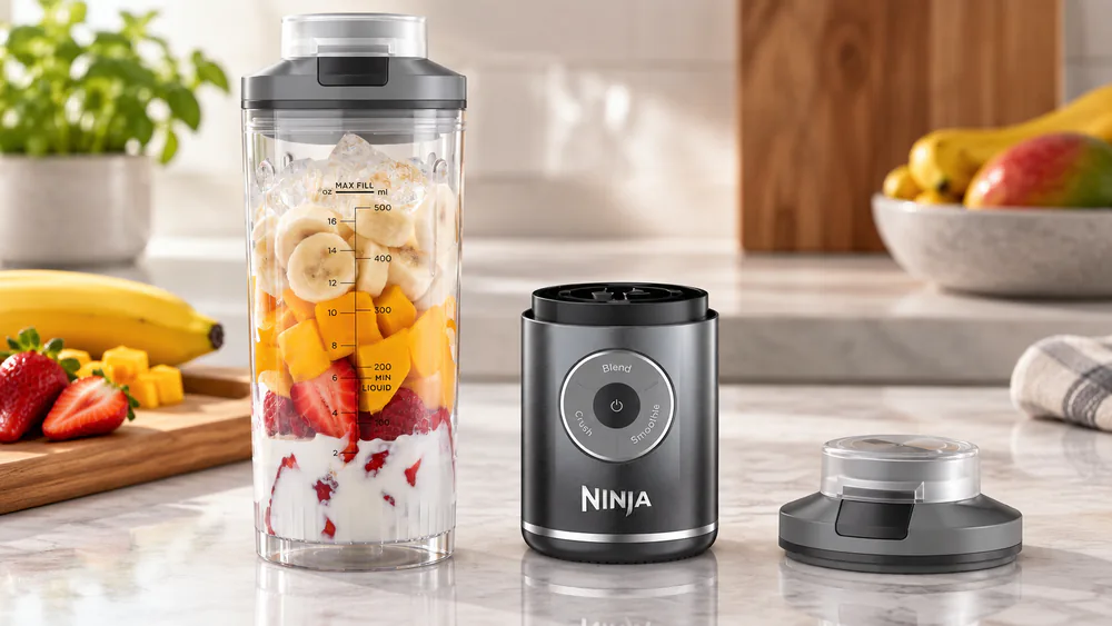 Ninja Blast Max with the 22-oz vessel twisted off the motor base.