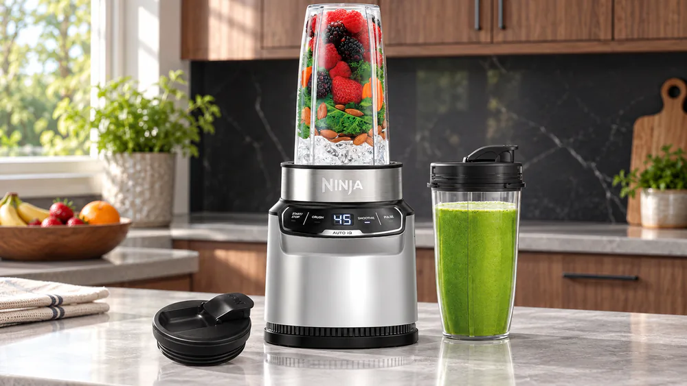 Ninja Nutri-Blender Pro BN401 with two 24-oz to-go cups on its base.