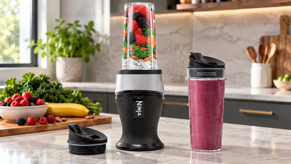 Ninja Fit blending a mango smoothie in a 16-oz to-go cup.