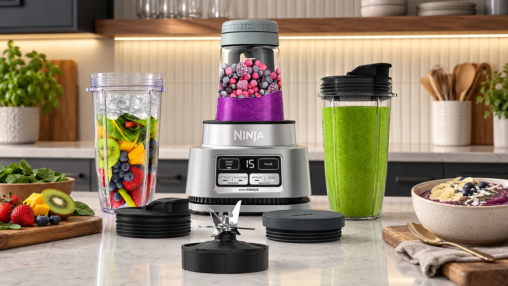 Ninja Foodi SS101 with a smoothie bowl pushed down by the built-in tamper.
