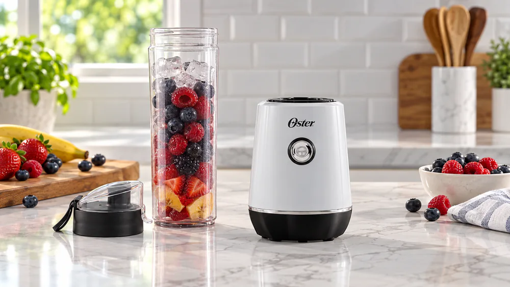 Oster MyBlend Plus with the 20-oz sports bottle twisted off the base.