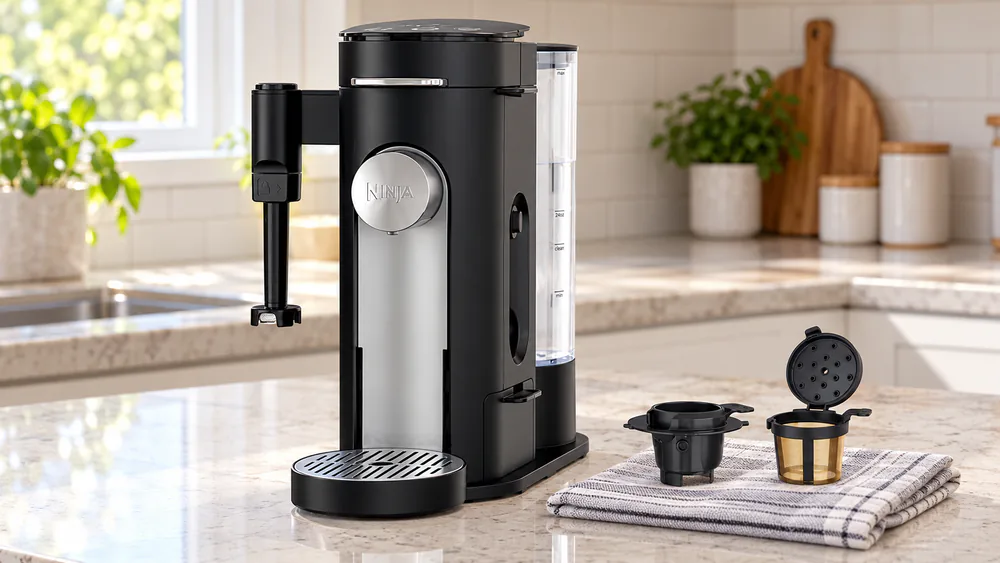A Ninja PB051 single-serve coffee maker with its pod adapter and grounds basket laid on the counter next to the machine