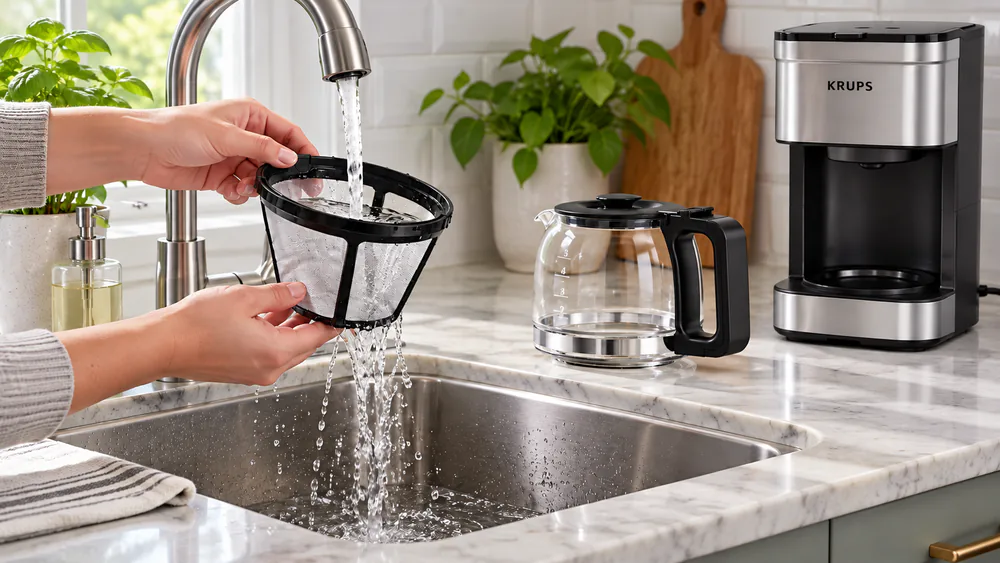 Removable coffee maker parts, a glass carafe and a permanent filter basket, being rinsed under a kitchen faucet