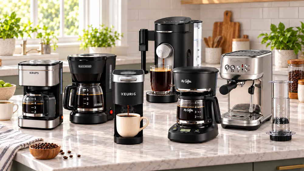 Seven compact coffee makers, including a drip brewer, a pod machine, an espresso machine, and an AeroPress, lined up on a kitchen counter