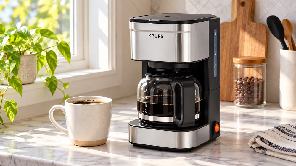 A compact coffee maker with a filled mug beside it on a narrow kitchen counter with a window behind