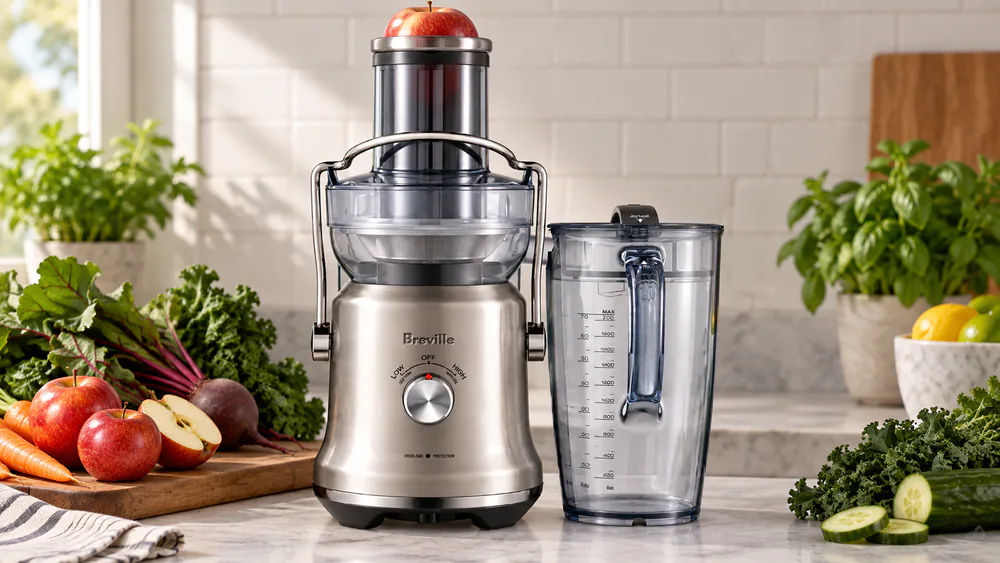 A Breville Juice Fountain Cold Plus centrifugal juicer with a whole apple dropping into its wide 3.5-inch feed chute.
