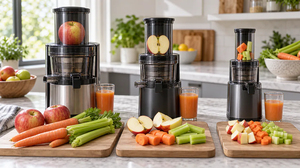 Two juicer feed chutes side by side, one wide enough for a whole apple and one narrow, with a halved apple and a knife on the counter between them showing the prep difference.