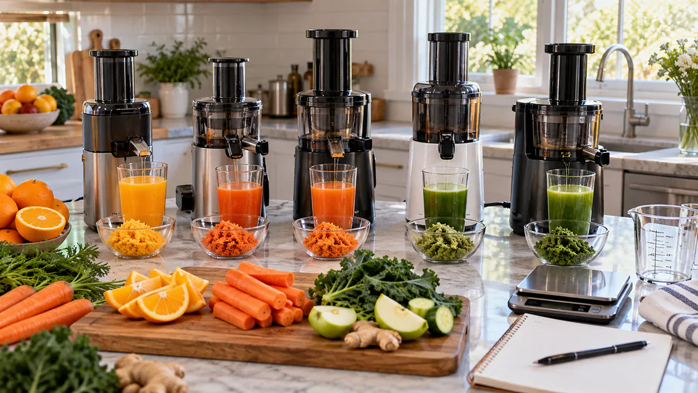 A lineup of five small juicers of different sizes on a test kitchen counter during yield testing, with a measuring jug of juice in front of one unit.