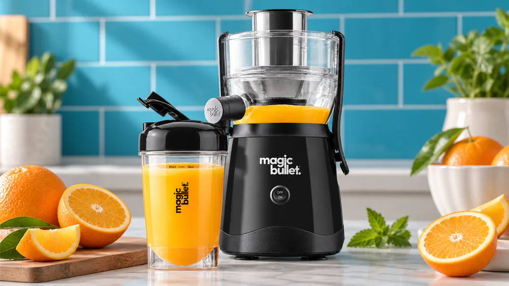 A Magic Bullet Mini Juicer on a small kitchen counter with its 16-ounce cup attached and a twist-on to-go lid beside it.
